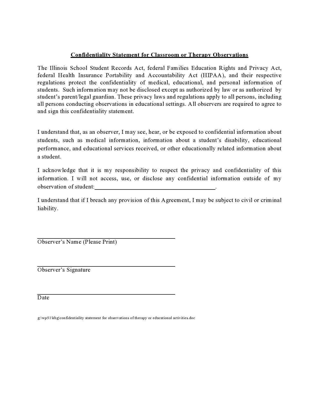 22 Free Confidentiality Statement Templates - Word Templates for Regarding therapy confidentiality agreement template